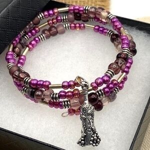 Memory Wire Bracelet Glass Metal Bead Wine Bottle Charm Wrap Around Boho Coil